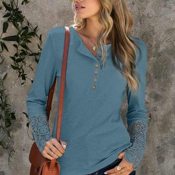 Blue Crochet Lace Hem Sleeve Button Top - Picture 8 of 10